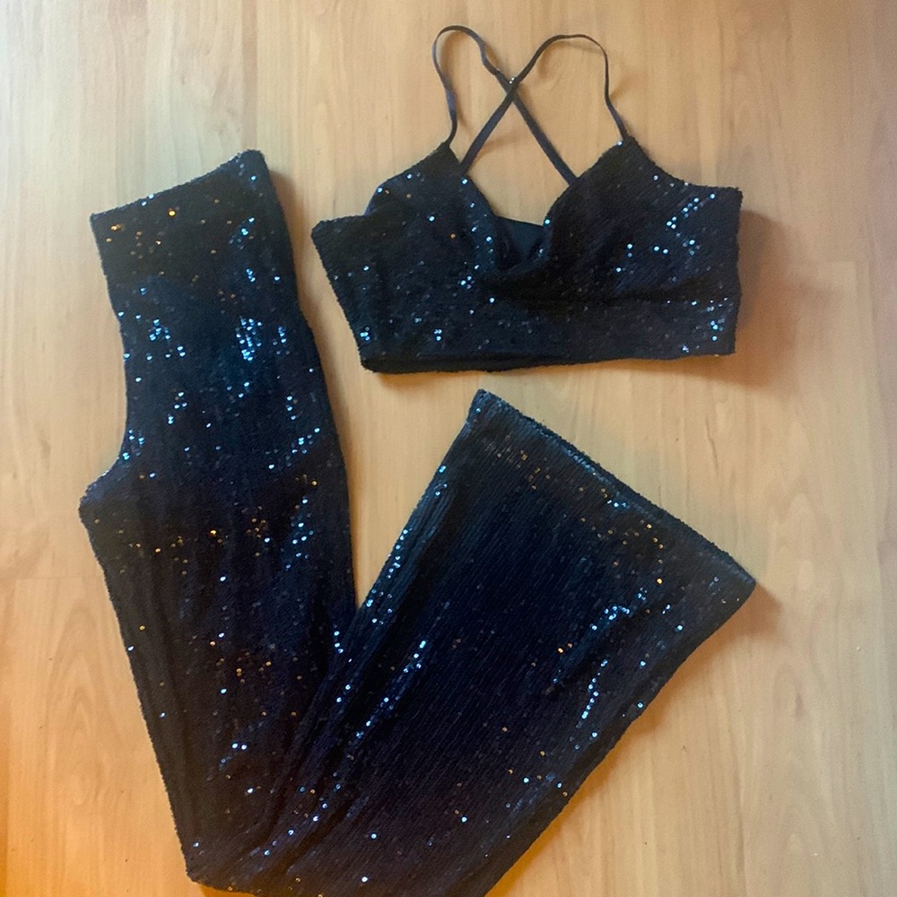 Black sequin pants and matching crop top